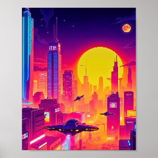 Pixel Art Cyber City Poster
