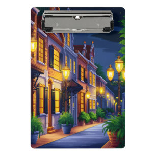 Pixel art depiction of a serene city street at nig mini clipboard