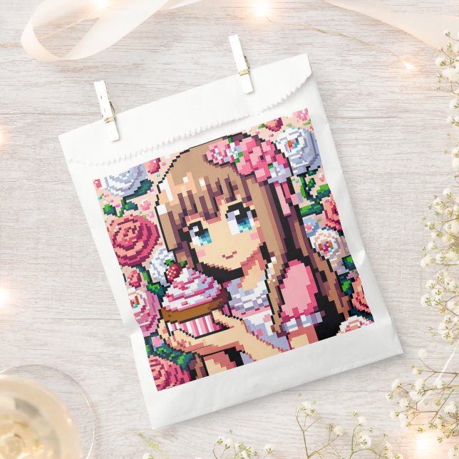Pixel Art Girl's Pink Birthday Girl Favour Bags (Clipped)
