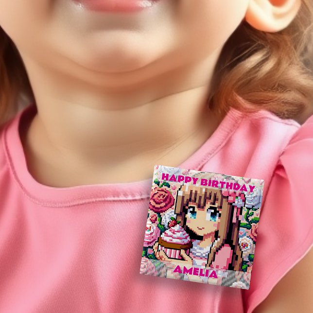 Pixel Art Girl's Pink Birthday Girl Personalised 15 Cm Square Badge (Creator Uploaded)