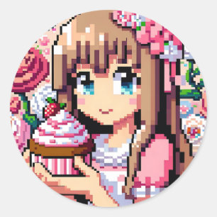 Pixel Art Girl's Pink Birthday Party Classic Round Sticker
