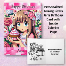 Pixel Art Girl's Pink Birthday Party | Colour Page
