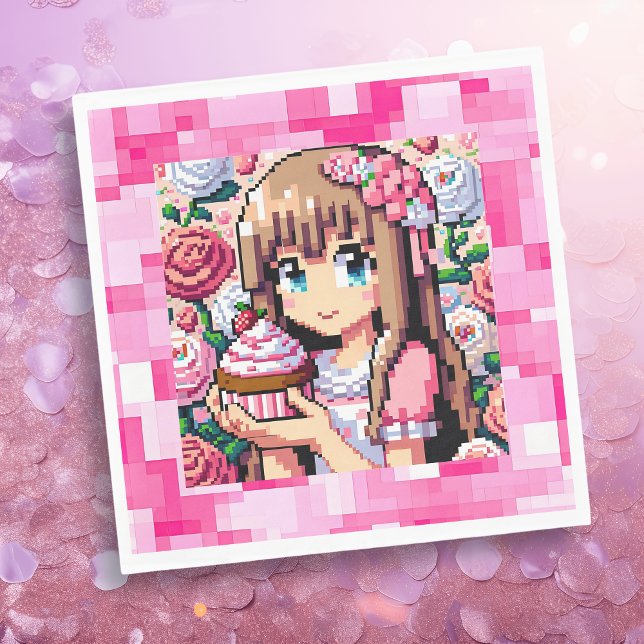 Pixel Art Girl's Pink Birthday Party Napkin (Creator Uploaded)