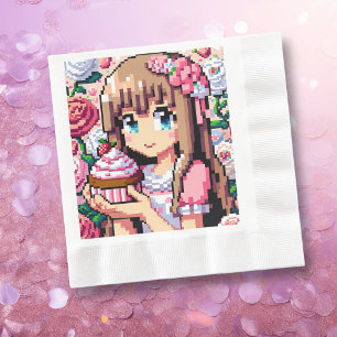 Pixel Art Girl's Pink Birthday Party Napkin