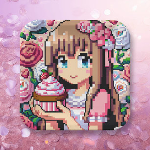 Pixel Art Girl's Pink Birthday Party Paper Plate