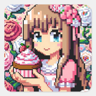 Pixel Art Girl's Pink Birthday Party Square Sticker
