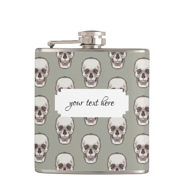 Pixel Art Gothic Spooky Skull Pattern Hip Flask (Front)