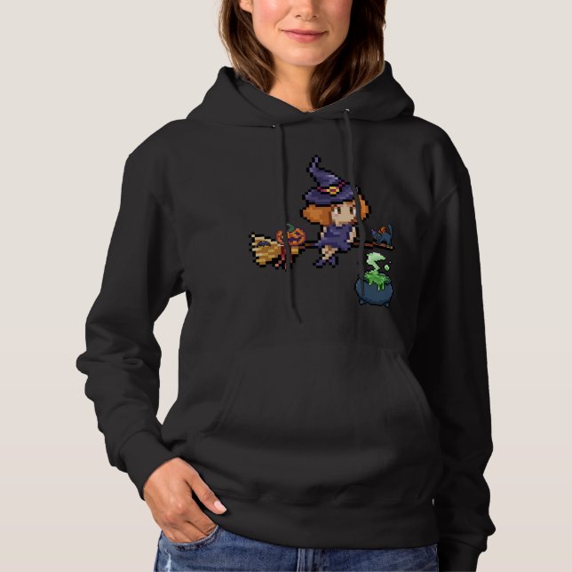 Pixel Art Halloween Witch on Broomstick with Cat Hoodie (Front)