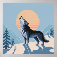 Pixel Art Howling Wolf at Sunset