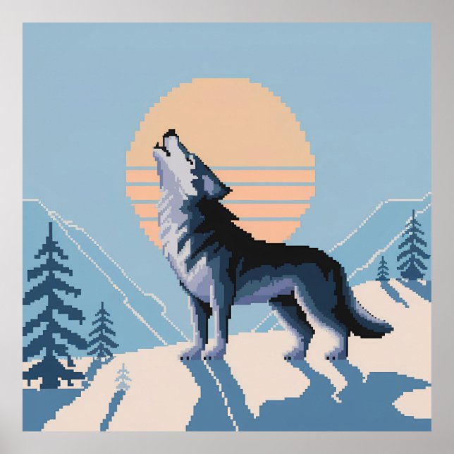 Pixel Art Howling Wolf at Sunset Poster (Front)
