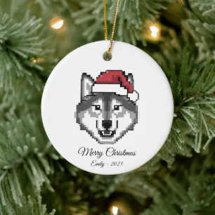 Pixel Art Husky Dog Santa Hat Christmas Gift Ceramic Tree Decoration
