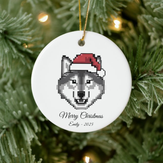 Pixel Art Husky Dog Santa Hat Christmas Gift Ceramic Tree Decoration (Tree)