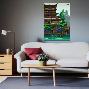 Pixel art, Japaneses town   AI Art Poster