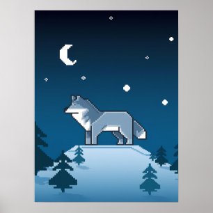 Pixel Art Lone Wolf Under the Moon Poster
