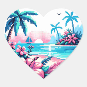 Pixel Art Ocean Pink and Blue Tropical Art Heart Sticker