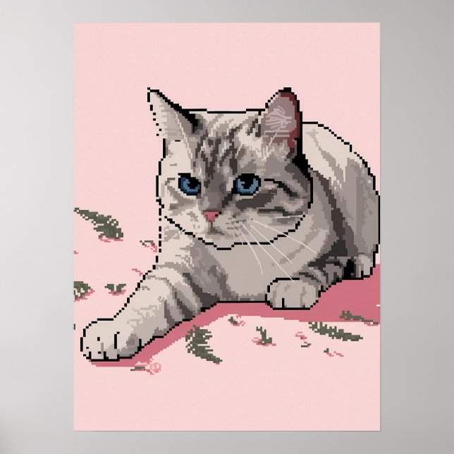Pixel Art of Grey Ragdoll Cat with Blue Eyes Poster (Front)
