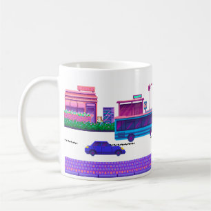 Pixel Art Of Street, Car, And Bus Coffee Mug