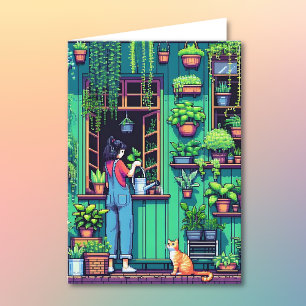 Pixel Art Plant Lover Birthday   Colouring Page Card