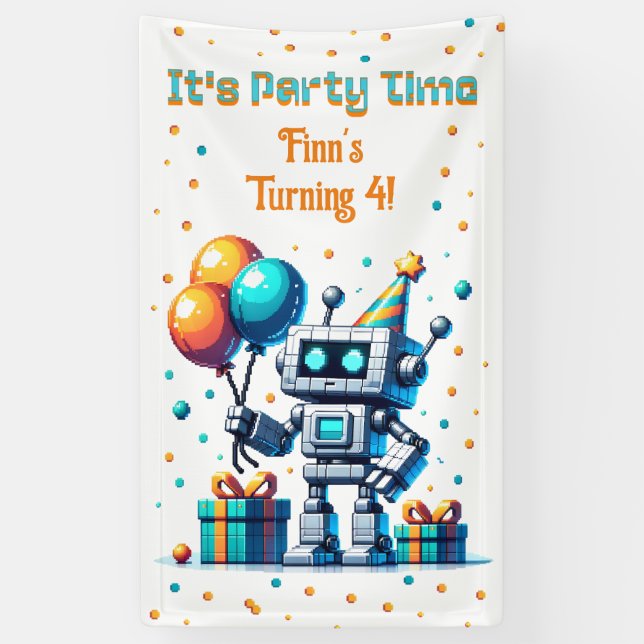 Pixel Art Robot Boy's Birthday Party Banner (Vertical)