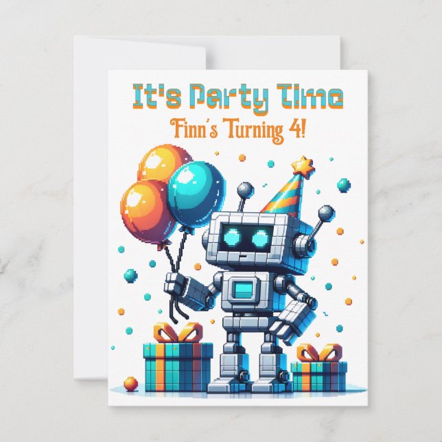 Pixel Art Robot Boy's Birthday Party Invitation (Front)