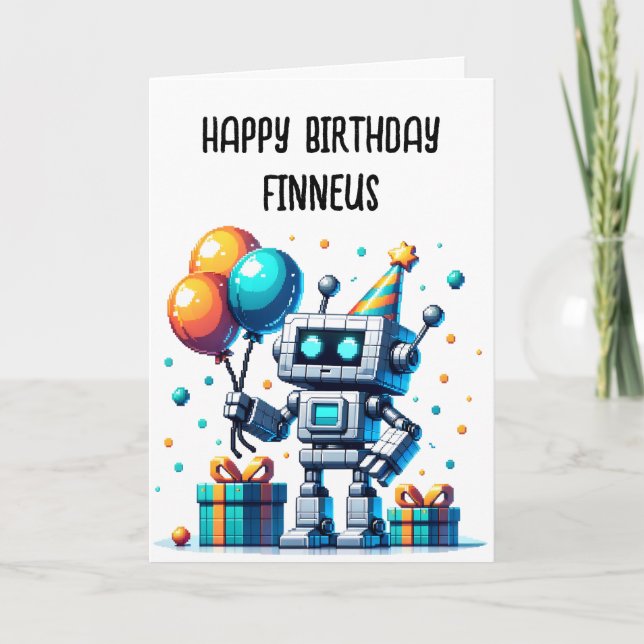 Pixel Art Robot Colouring Page Boy's Birthday Card (Front)