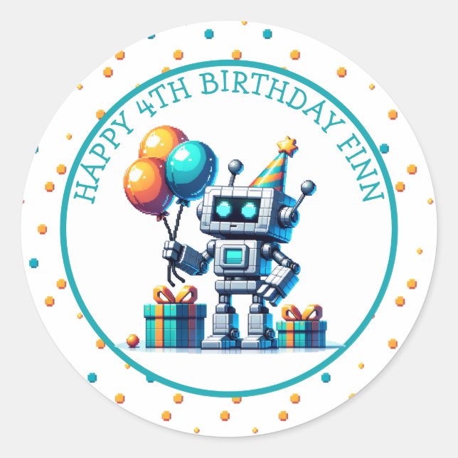 Pixel Art Robot in Orange and Teal Birthday  Classic Round Sticker (Front)