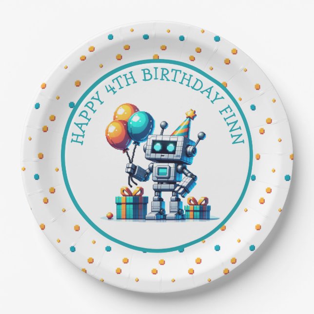 Pixel Art Robot in Orange and Teal Birthday  Paper Plate (Front)