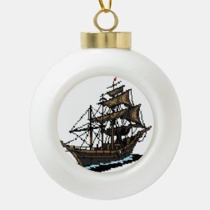 Pixel Art Sailing Ship on Water Ceramic Ball Christmas Ornament