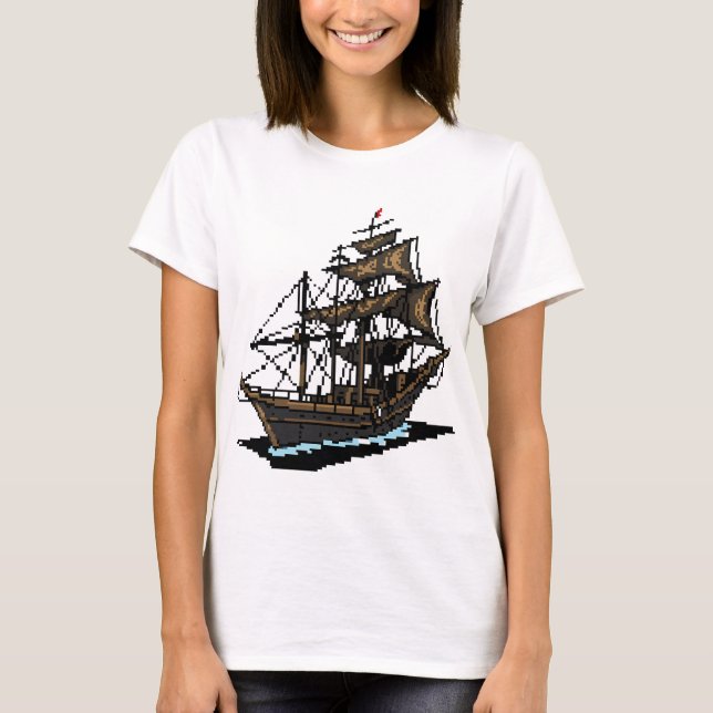 Pixel Art Sailing Ship on Water T-Shirt (Front)