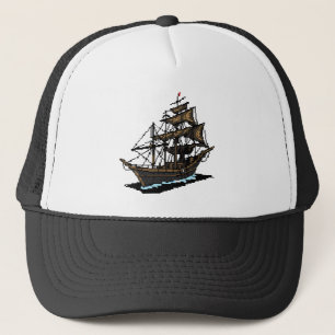 Pixel Art Sailing Ship on Water Trucker Hat