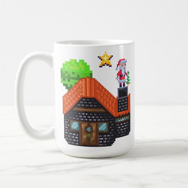 Pixel Art Santa on Rooftop Christmas House Scene Coffee Mug (Left)