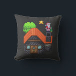 Pixel Art Santa on Rooftop Christmas House Scene Cushion<br><div class="desc">Festive pixel art of Santa Claus standing on a snowy rooftop holding a tree,  beside a cosy brick house under a glowing star – perfect holiday vibes!</div>