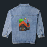 Pixel Art Santa on Rooftop Christmas House Scene Denim Jacket<br><div class="desc">Festive pixel art of Santa Claus standing on a snowy rooftop holding a tree,  beside a cosy brick house under a glowing star – perfect holiday vibes!</div>