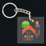 Pixel Art Santa on Rooftop Christmas House Scene Key Ring<br><div class="desc">Festive pixel art of Santa Claus standing on a snowy rooftop holding a tree,  beside a cosy brick house under a glowing star – perfect holiday vibes!</div>