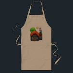 Pixel Art Santa on Rooftop Christmas House Scene Long Apron<br><div class="desc">Festive pixel art of Santa Claus standing on a snowy rooftop holding a tree,  beside a cosy brick house under a glowing star – perfect holiday vibes!</div>