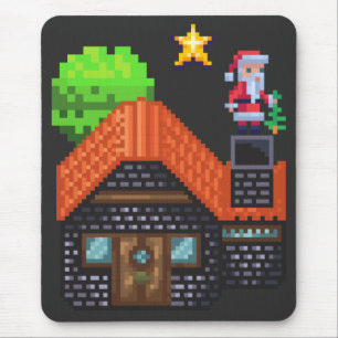 Pixel Art Santa on Rooftop Christmas House Scene Mouse Mat