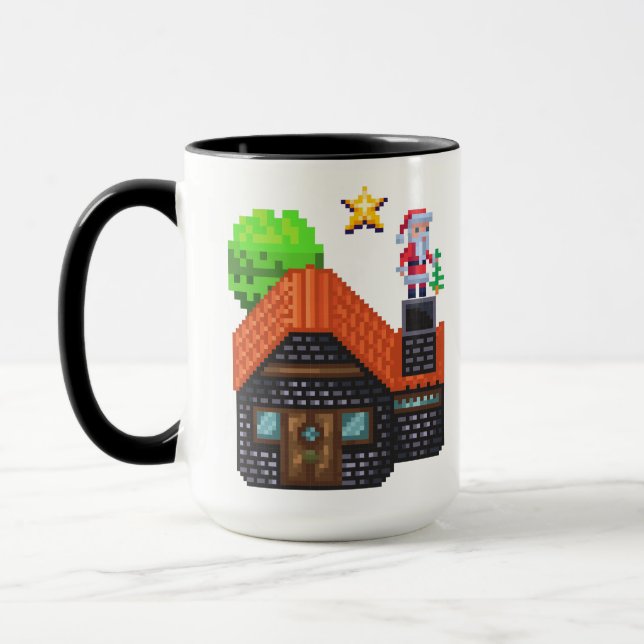 Pixel Art Santa on Rooftop Christmas House Scene Mug (Left)