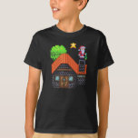 Pixel Art Santa on Rooftop Christmas House Scene T-Shirt<br><div class="desc">Festive pixel art of Santa Claus standing on a snowy rooftop holding a tree,  beside a cosy brick house under a glowing star – perfect holiday vibes!</div>