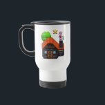 Pixel Art Santa on Rooftop Christmas House Scene Travel Mug<br><div class="desc">Festive pixel art of Santa Claus standing on a snowy rooftop holding a tree,  beside a cosy brick house under a glowing star – perfect holiday vibes!</div>