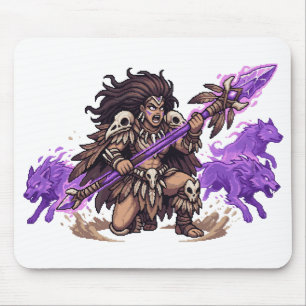 Pixel Art Shaman Warrior with Spirit Wolves Fantas Mouse Mat