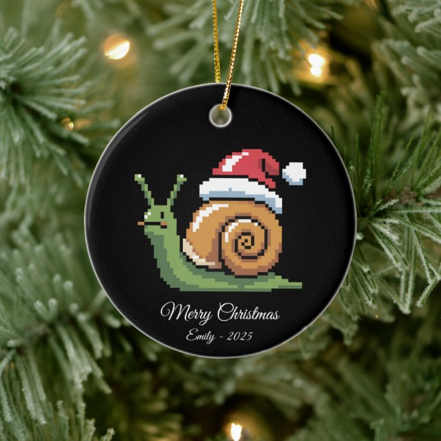 Pixel Art Snail Santa Hat Black Ceramic Tree Decoration (Tree)