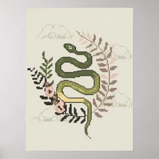 Pixel Art Snake with Floral Elements  Poster