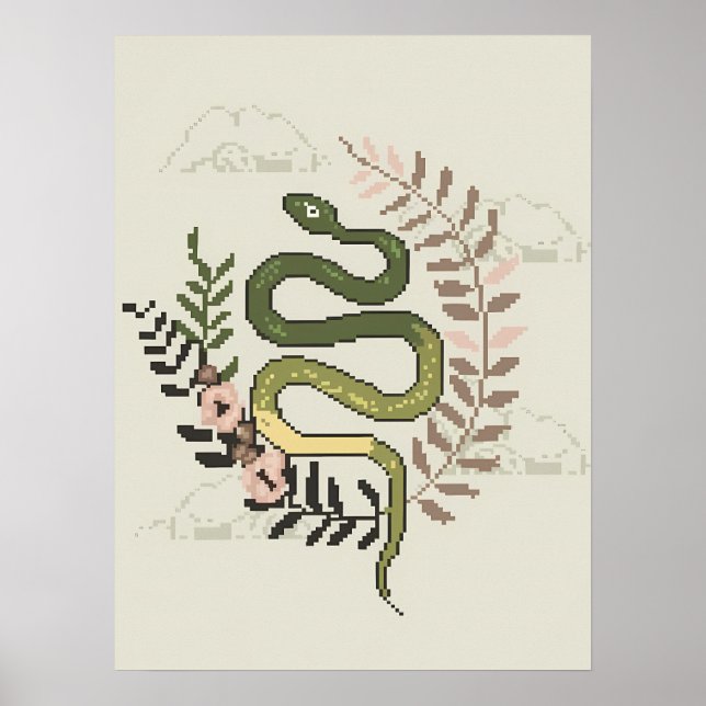 Pixel Art Snake with Floral Elements  Poster (Front)