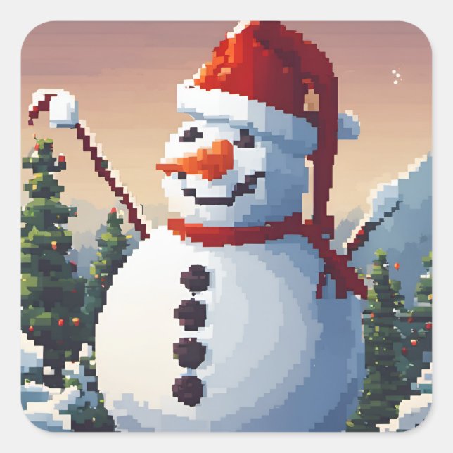 Pixel art snowman square sticker (Front)