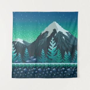 Pixel Art: Snowy Mountains Night. Tapestry