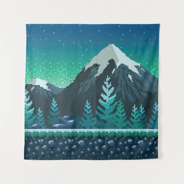 Pixel Art: Snowy Mountains Night. Tapestry (Front)
