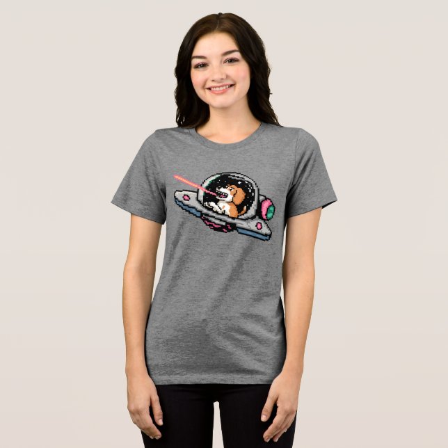 Pixel Art Space Dog – Laser Blaster Pilot Tri-Blend Shirt (Front Full)