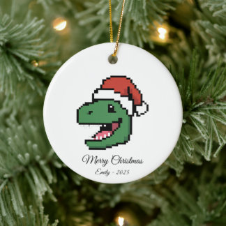 Pixel Art T-Rex Dinosaur Santa Hat Christmas Gift Ceramic Tree Decoration
