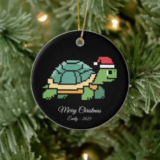 Pixel Art Turtle Tortoise Santa Hat Ceramic Tree Decoration