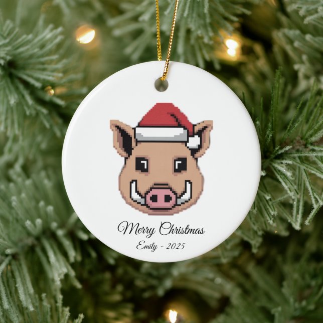 Pixel Art Wild Boar Warthog Santa Hat Gift Ceramic Tree Decoration (Tree)